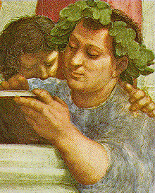 Epicuro, tal como aparece representado en el fresco "La Escuela de Atenas" (1510-1512), de Rafael Sanzio. Estancias de Rafael, Ciudad del Vaticano.